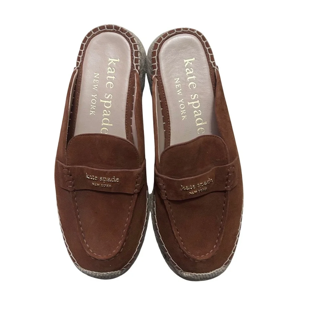 Kate Spade Eastwell Mule Women 6.5‎ Brown Suede Espadrille Platform Penny Loafer